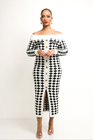 Iris Off Shoulder Argyle Print Sweater Dress - Exquisite Styles Boutique