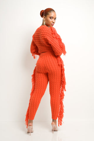 Aurelie Knit Fringe Pants Set (Orange) - Exquisite Styles Boutique
