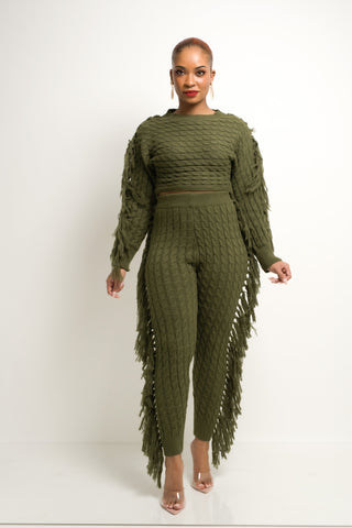 Aurelie Knit Fringe Pants Set (Green) - Exquisite Styles Boutique