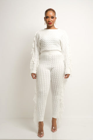 Aurelie Knit Fringe Pants Set (White) - Exquisite Styles Boutique