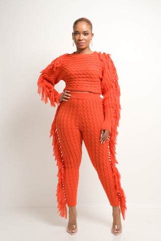 Aurelie Knit Fringe Pants Set (Orange) - Exquisite Styles Boutique