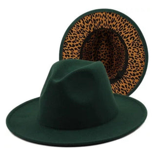 Dark Green/Leopard Bottom Fedora Hat